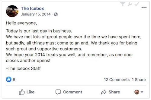 Facebook post by The Icebox, 2014.