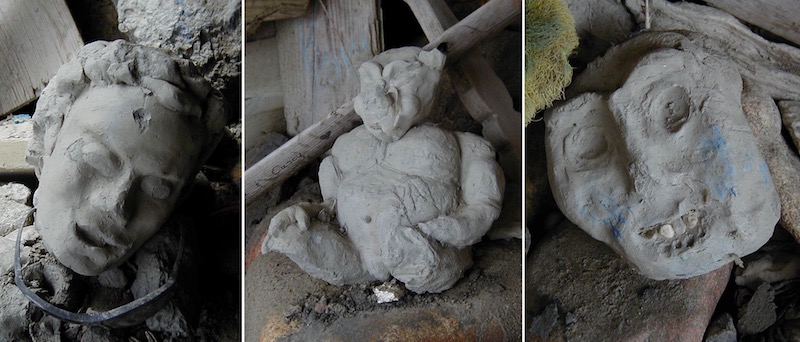Three clay heads/figures, 2004.