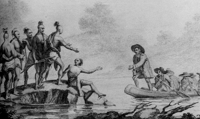 Engraving, Roger Williams meets Native Americans at Slate Rock, c1827
