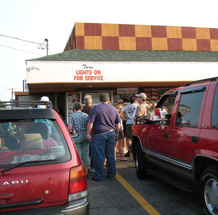 Patrons lined up at the take-out window