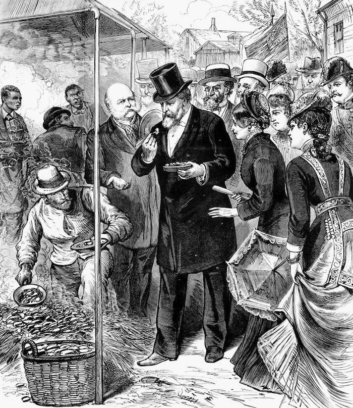 Engraving of President Hayes at Rocky Point clambake.