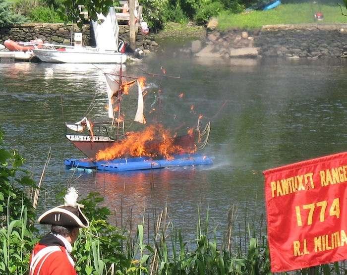 Gaspee replica in flames, 2013.