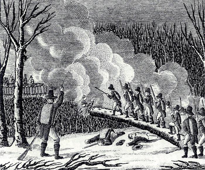 Illustration showing United Colonies entering the Narragansett fort via a fallen log.