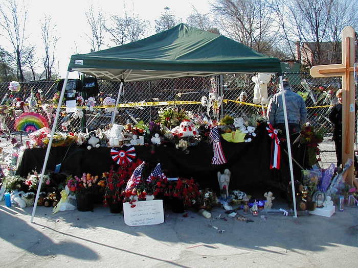 Flowers and tributes let at the fire site, 2003