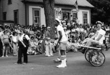 Salty in a parade, 1980s